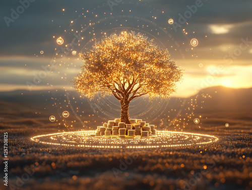 3D Illustration - Golden Tree of Prosperity, Wealth, and Abundance at Sunset