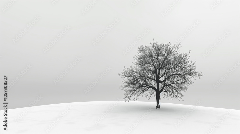 Fototapeta premium A tree on a white background, surrounded by snow, creating a peaceful, serene winter scene with a minimalist aesthetic.