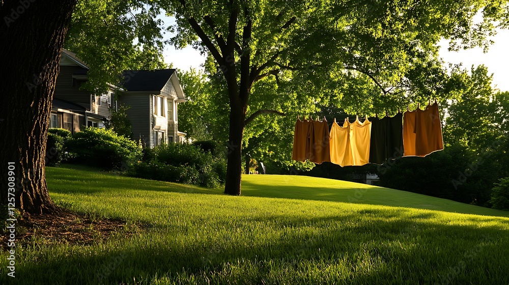 Golden Hour Sunlight Dapples Fabric Hanging in a Lush Green Yard AI Generated Golden Hour Sunlight Dapples Fabric Hanging in a Lush Green Yard AI Generated