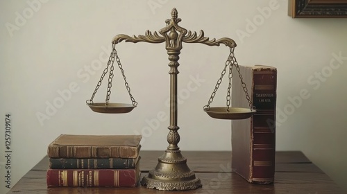 Antique balance scales, law books on wooden table. Possible use Legal stock photo photo