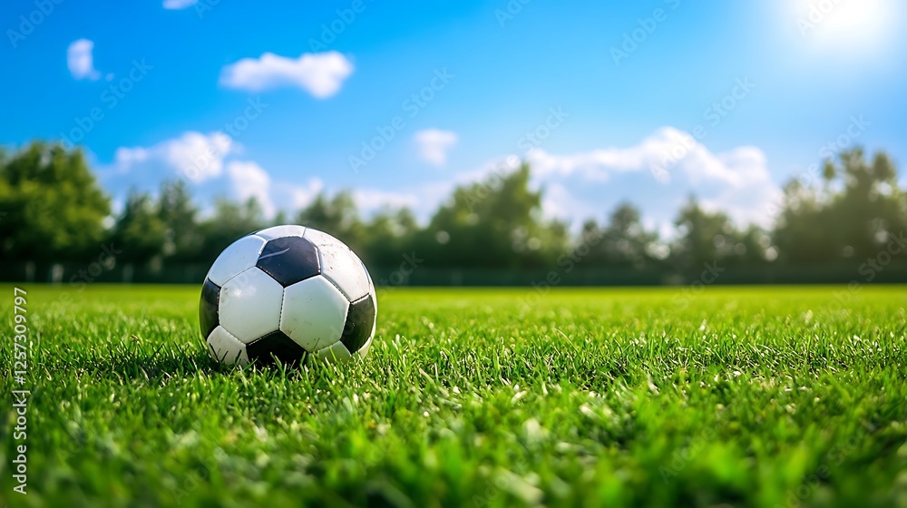 Fototapeta premium Soccer Ball on Green Grass Field Under Sunny Sky