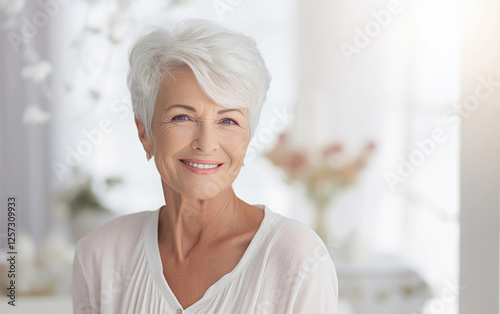 Portrait of a beautiful smiling elderly woman against the background of white liwing room photo