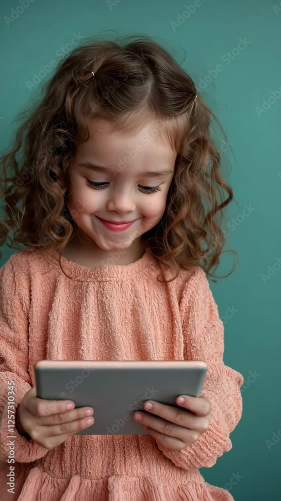 Kids with curly hairstyles laughing while clutching a tablet on a green backdrop Kids with curly hairstyles laughing while clutching a tablet on a green backdrop