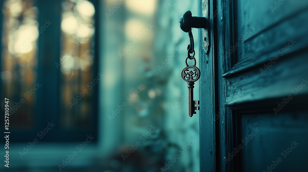 A close-up of an elegant key hanging from a simple hook by the front door, which is slightly open. The softly blurred background emphasizes the key and the sense of entry or new beginnings.

