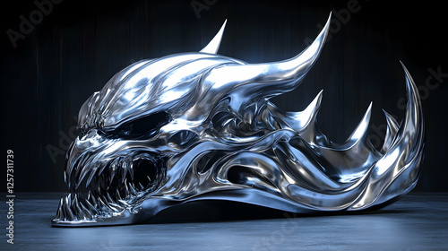 3D Illustration Metallic Dragon Skull, Chrome, Fantasy Art