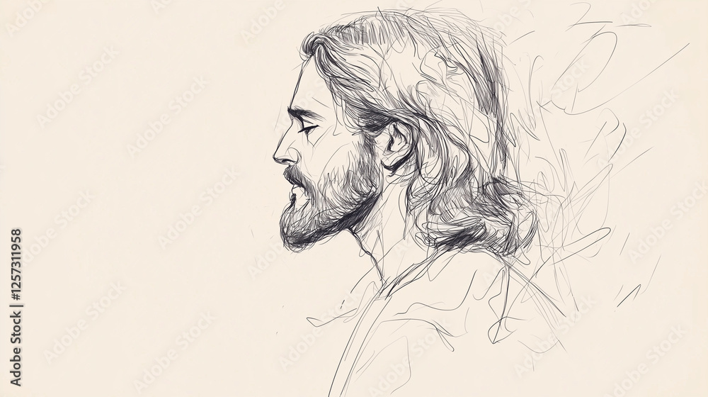 A minimalist sketch of Jesus’ profile, focusing on His flowing hair and beard. The smooth, delicate lines capture His calm and spiritual grace, with a simple, uncluttered background.