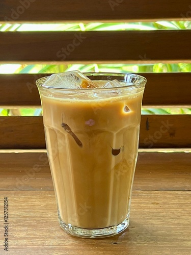 Iced coffee in glass on the wooden table