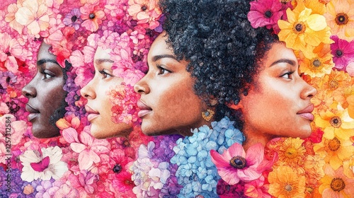 Collage of diverse beauty showcasing women among vibrant floral patterns in a harmonious celebration of nature and ethnicity photo