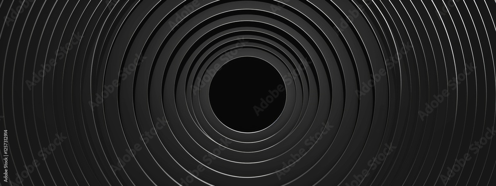 Obraz premium Abstract circular pattern with concentric circles on a minimalist black background. Banner template with white space for text, suitable for modern and professional design applications.