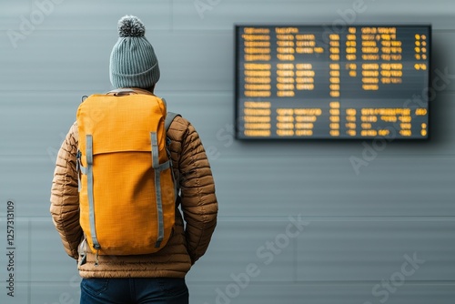 Traveler with orange backpack gazing at airport departure board, planning next journey. Ready for adventure with warm jacket and beanie.