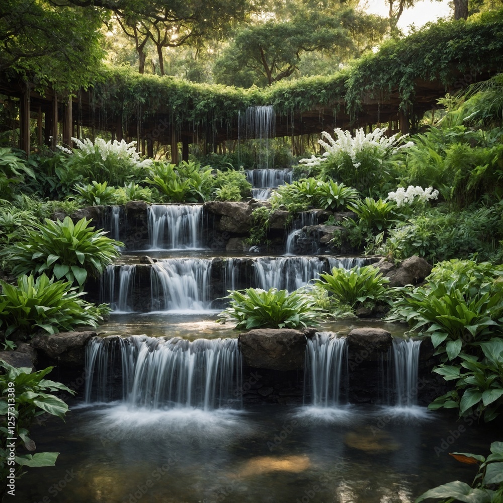 Naklejka premium A garden oasis with cascading waterfalls and lush greenery in soft white light.