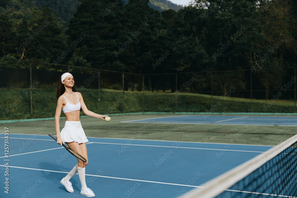 Obraz premium Young woman enjoying a sunny day playing tennis in a white sports outfit on a court surrounded by green trees, expressing joy and vitality