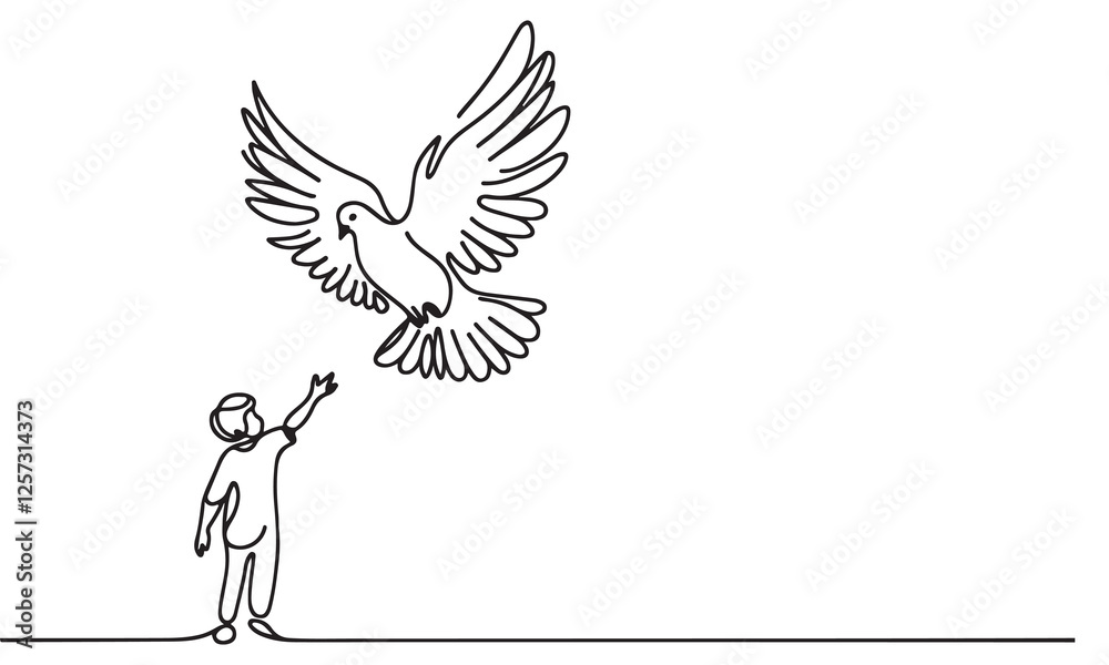 Fototapeta premium continuous one single line art doodle drawing of dove or pigeon flying out of child hand illustration on white background