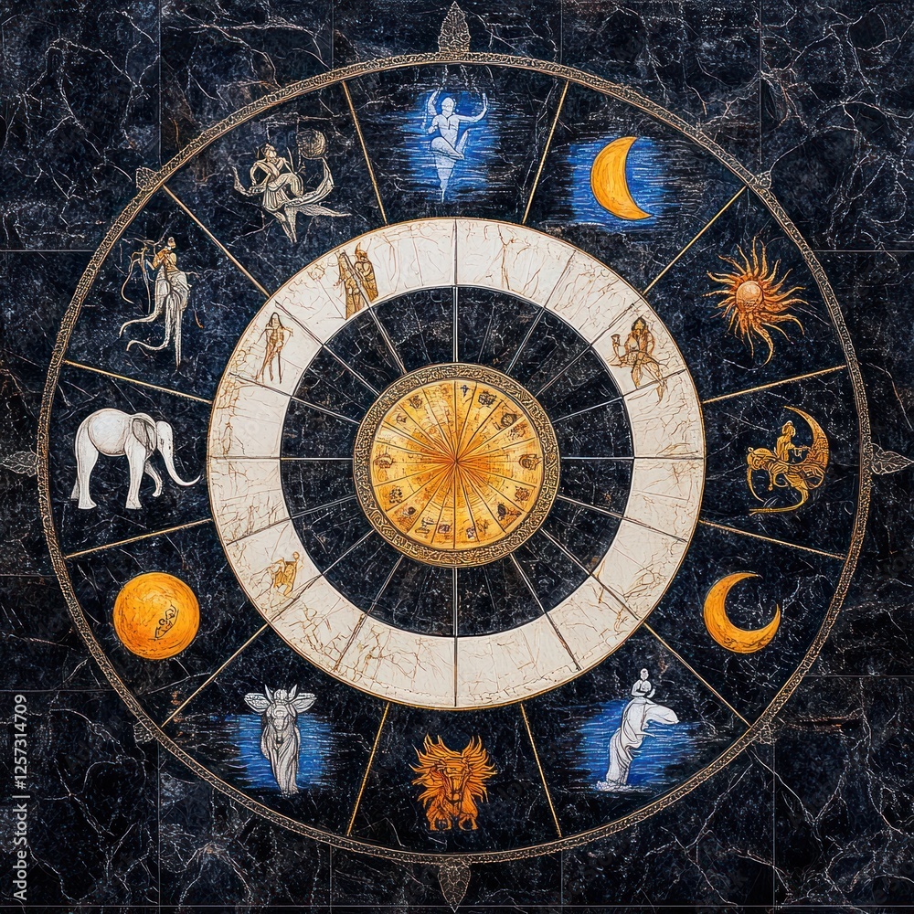 Obraz premium Kumbh Mela Zodiac Mandala with Indian Motifs and Water Patterns for Spiritual Harmony