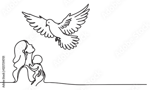 continuous one single line art doodle drawing of dove or pigeon flying out of child hand illustration on white background