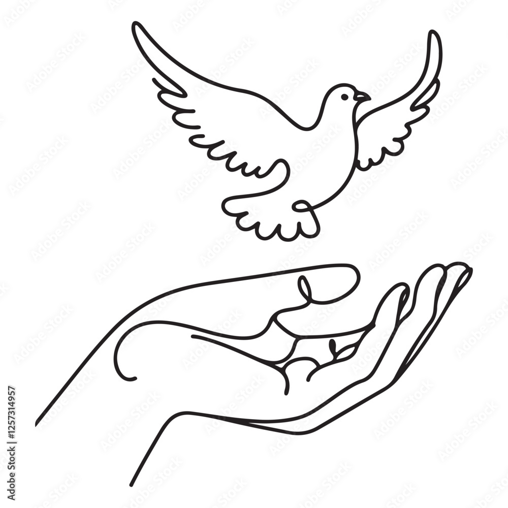 Obraz premium continuous one single line art doodle drawing of dove or pigeon flying out of child hand illustration on white background