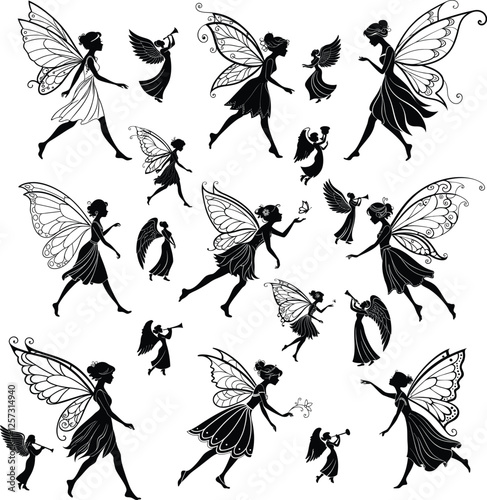 Fairy silhouette vector and Elf Silhouette dancing girl