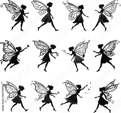 Fairy silhouette vector and Elf Silhouette dancing girl