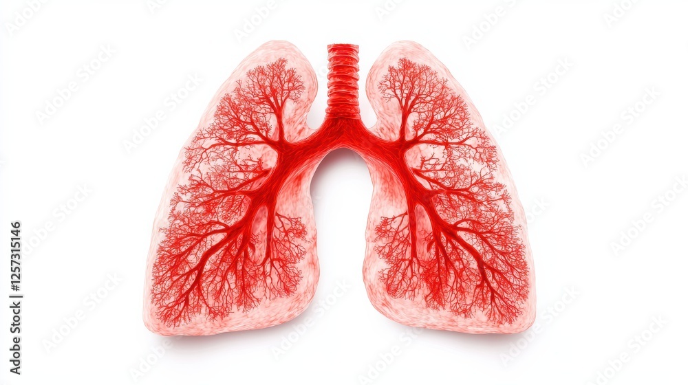 Detailed illustration of human lungs in vibrant red, showcasing intricate bronchial patterns and respiratory anatomy on a white background. Detailed illustration of human lungs in vibrant red, showcasing intricate bronchial patterns and respiratory anatomy on a white background.