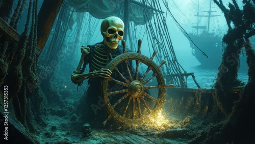 fantasy illustration of the skeletal captain of a sunken ship