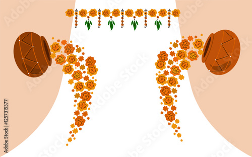 png floral pot, indian wedding decor on transparent background. theme mehndi and haldi.  Flat vector hand drawn cartoon illustration.