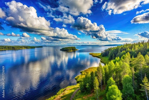 Karelia's Lake Onega: sun-drenched shores, azure sky, fluffy clouds, idyllic summer scene.