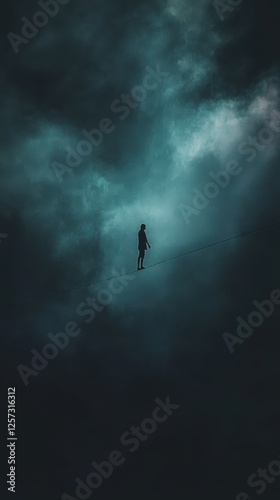 A person walking on tightrope over dark abyss, symbolizing fear of failure photo