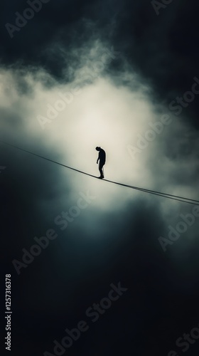 A person walking on tightrope over dark abyss, symbolizing fear of failure photo