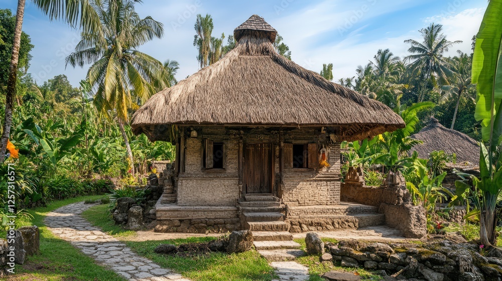 A mud-brick temple house with a thatched roof A mud-brick temple house with a thatched roof