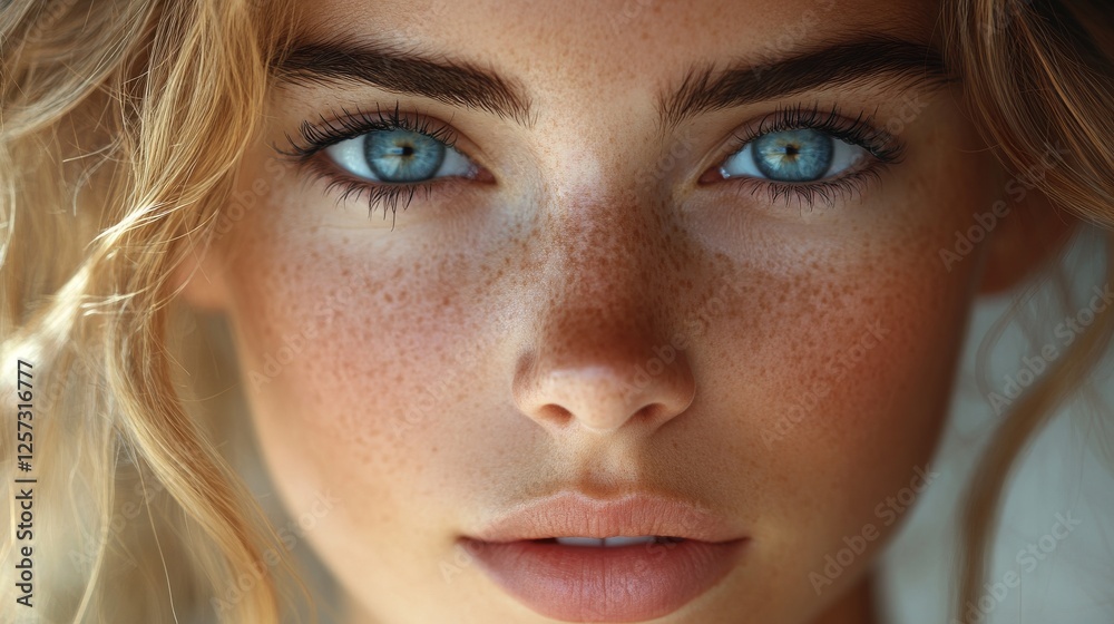 Fototapeta premium Beautiful woman with freckles and striking bright blue eyes