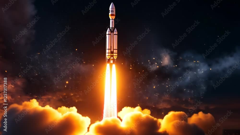 Powerful rocket launching leaving earth at night
