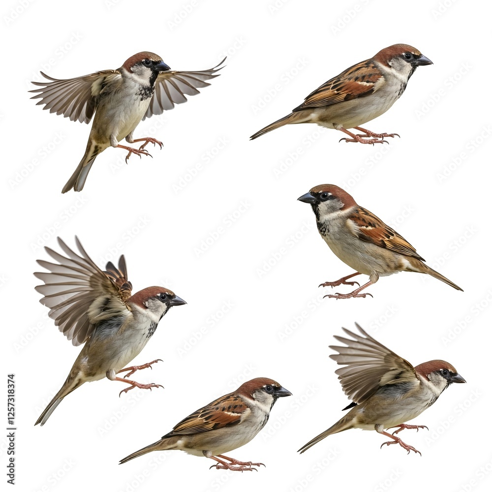 Fototapeta premium set of birds House sparrow in different poses, flying and perching, with a clean transparent background, perfect for wildlife themes