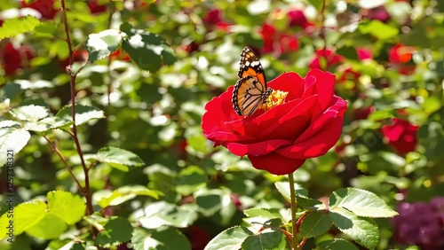 Butterfly on Red Rose Blooms in Vibrant Garden Setting