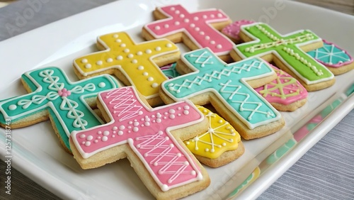 Decorative Easter cookies in cross shapes arranged on a white platter showcasing bright colors and intricate designs for a festive celebration