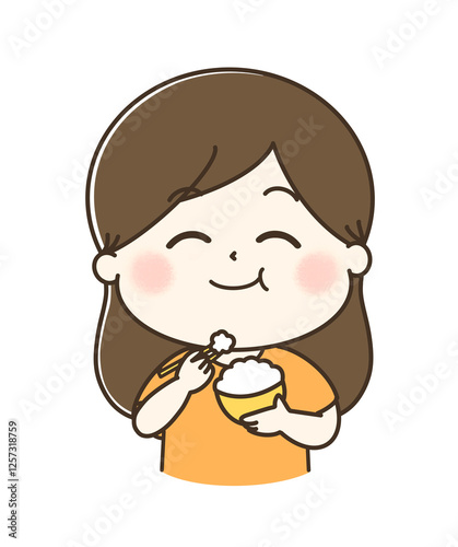 白米をもぐもぐ美味しそうに食べている女性のゆるかわイラスト
