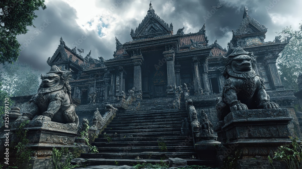 A temple house guarded by stone statues of mythical creature A temple house guarded by stone statues of mythical creature