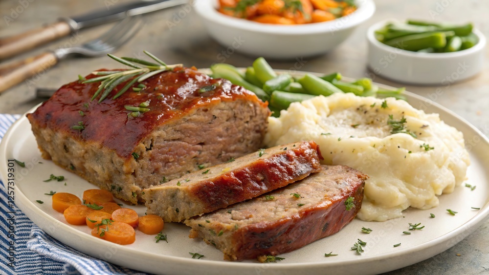 Classic easter meatloaf served with mashed potatoes, green beans, and carrot slices on a festive dinner table setting