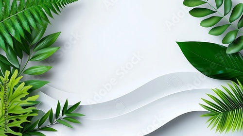 Tropical Leaves Border On White Background With Wave Pattern