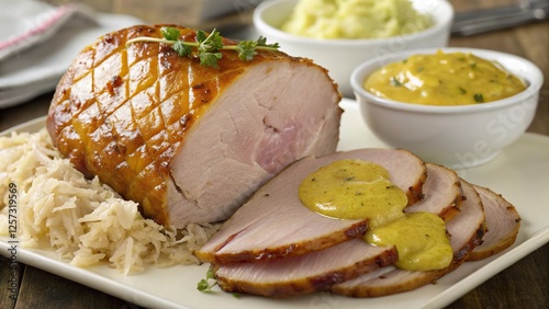 Glazed Easter ham served on a plate with sides of sauerkraut and mustard sauce