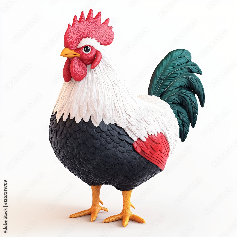Fototapeta premium Colorful Cartoon Rooster Illustration Farm Animal 3D Render White Background