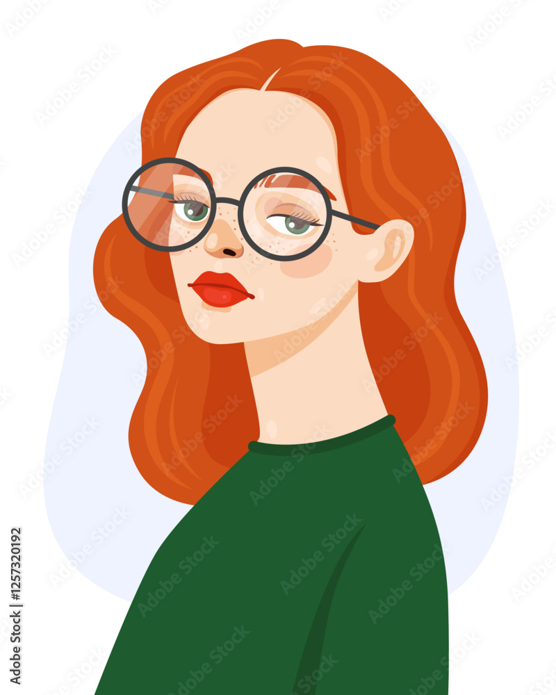 Portrait of a young woman wearing glasses and a green sweater. Girl with red hair, freckles and green eyes. Women's day. Vector illustration. Portrait of a young woman wearing glasses and a green sweater. Girl with red hair, freckles and green eyes. Women's day. Vector illustration.