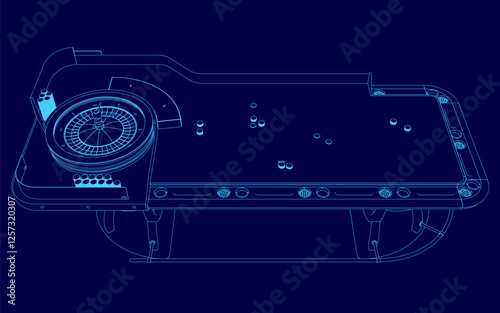 A blue screen with a casino table and a roulette wheel. The table is empty and the wheel is not spinning