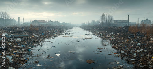Polluted industrial wasteland with trash filled canal, surrounded by debris and foggy skies.