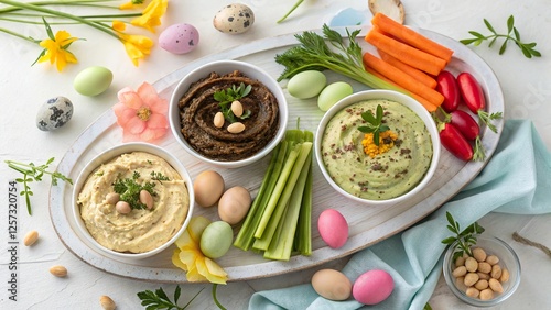 Delicious Easter inspired dips and finger foods on a decorative platter with colorful vegetables and festive accents