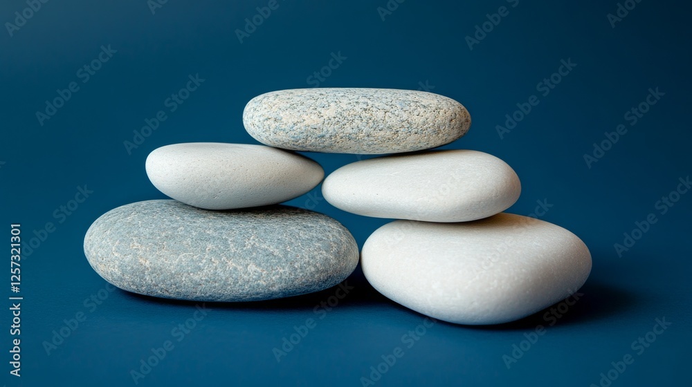 Fototapeta premium Stack of smooth stones balanced on dark blue surface