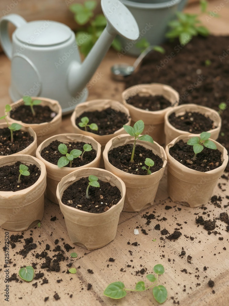 A collection of biodegradable pots with small seedlings sprouting, placed on a wooden surface with scattered gardening soil and a watering can nearby. The image evokes freshness and new beginnings in A collection of biodegradable pots with small seedlings sprouting, placed on a wooden surface with scattered gardening soil and a watering can nearby. The image evokes freshness and new beginnings in