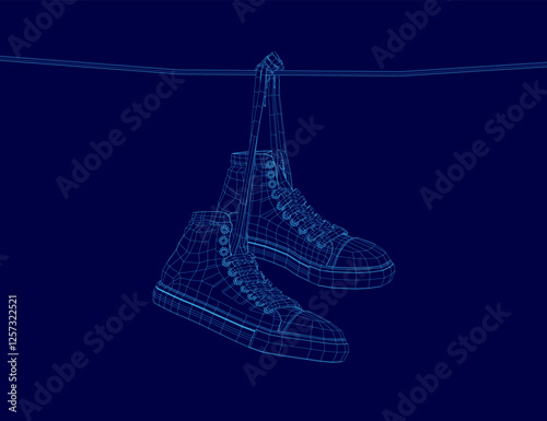 A pair of shoes are hanging in the air, with the left shoe being slightly higher than the right. The shoes are blue and appear to be made of a synthetic material. The image has a futuristic