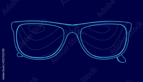 A pair of blue glasses with a frame. The glasses are shown in a blue color. The image has a cool and modern vibe