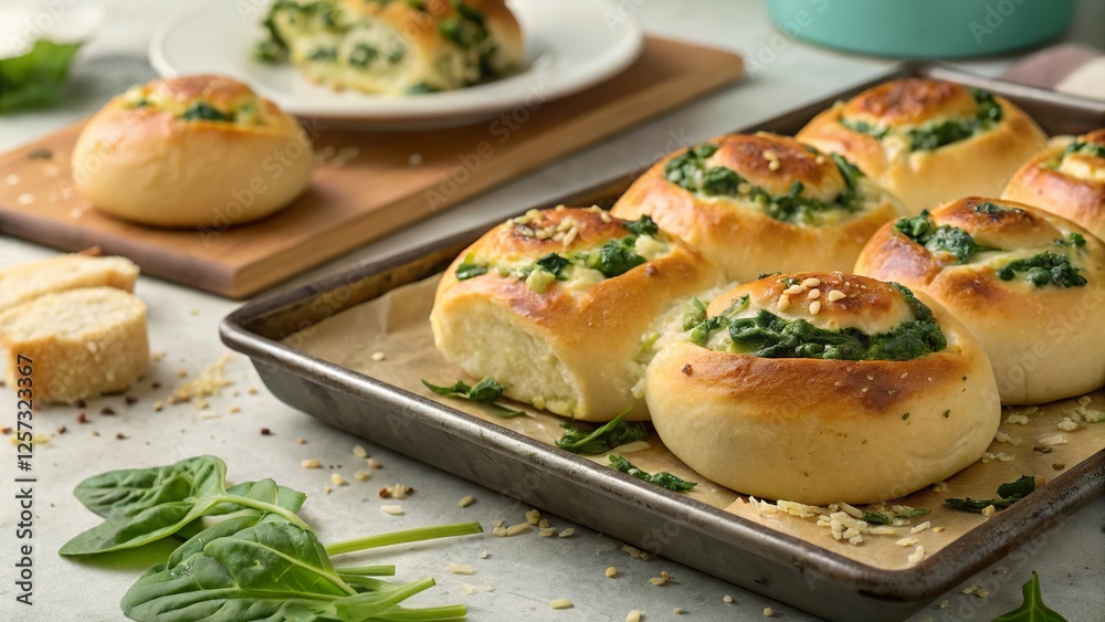 Savory cheese and spinach filled rolls baked to a golden perfection on a kitchen countertop with fresh spinach nearby Savory cheese and spinach filled rolls baked to a golden perfection on a kitchen countertop with fresh spinach nearby