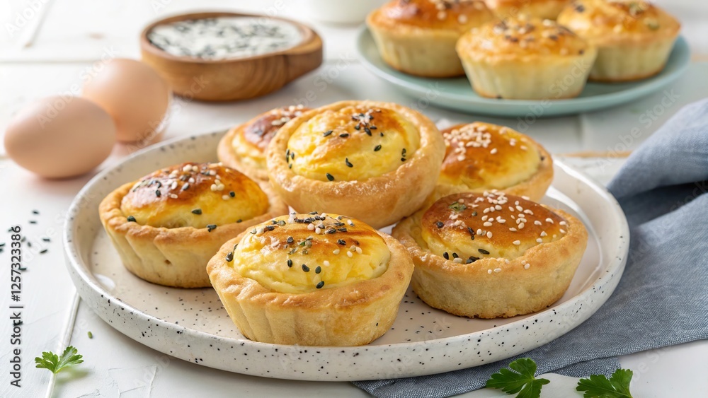 Savory cheese filled pastries nestled on a plate with a dipping sauce and eggs in a cozy kitchen setting Savory cheese filled pastries nestled on a plate with a dipping sauce and eggs in a cozy kitchen setting